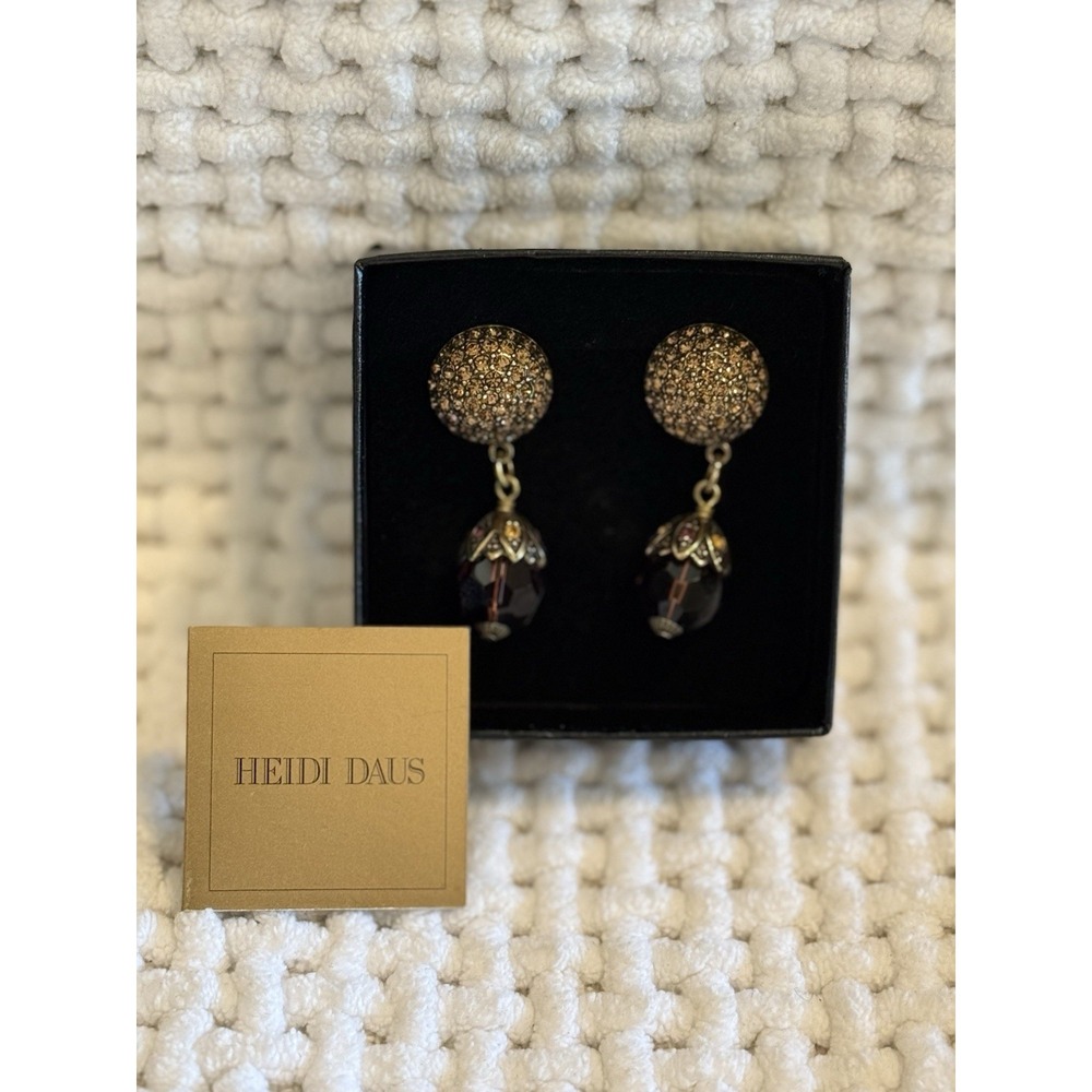 Heidi Daus Burgundy Drop Earrings Crystal Accents Gold Tone Clip On NIB